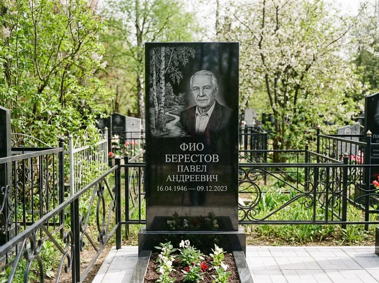 Памятник с гравировкой берёзы — гравировка берёзы у тропинки, уходящей вдаль, работа «Берестов» в Ижевске