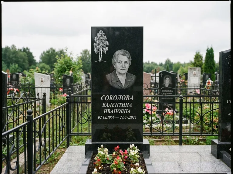 Памятник с гравировкой берёзы — гравировка одинокой берёзы над именем, работа «Соколова» в Ижевске