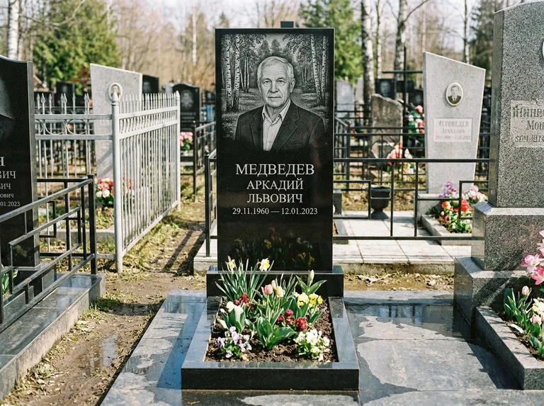 Памятник с гравировкой берёзы — гравировка берёзовой рощи в глубину, работа «Медведев» в Ижевске
