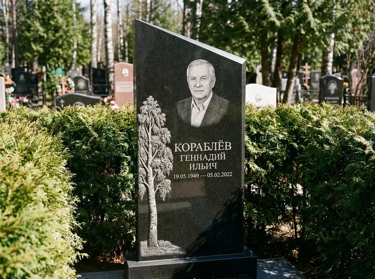 Памятник с гравировкой берёзы: асимметричная скошенная стела — объёмная одинокая берёза с фактурной корой, живая изгородь из туи, работа «Кораблёв» в Ижевске