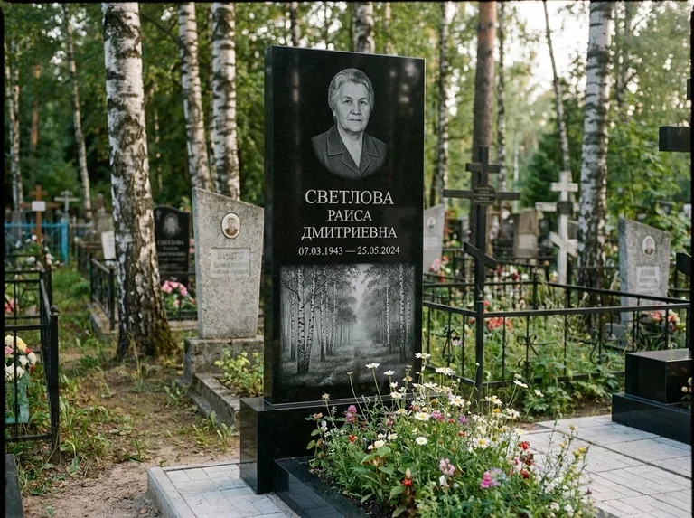 Памятник с гравировкой берёзы: двойная семейная стела — берёзовая роща в лёгкой дымке, цветник с полевыми цветами, работа «Светлова» в Ижевске