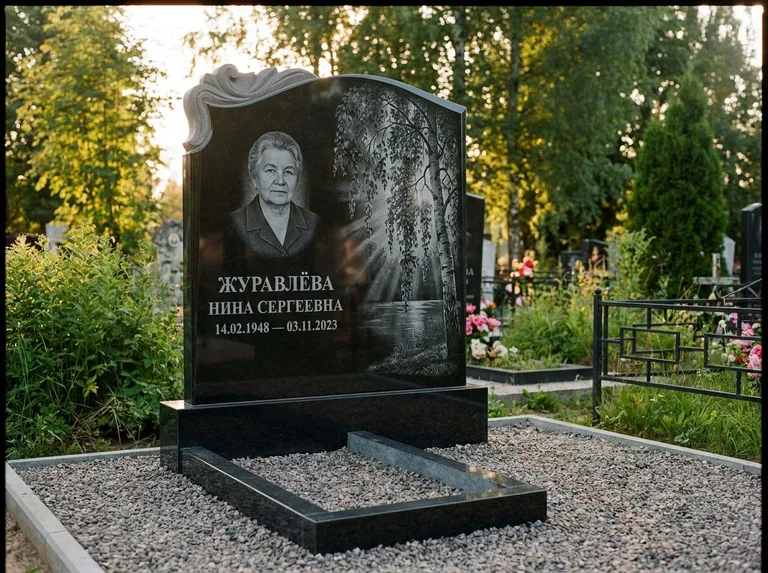 Памятник с гравировкой берёзы: стела с фигурным резным верхом — плакучая берёза в контровом свете, гравийная отсыпка, рассвет, работа «Журавлёва» в Ижевске