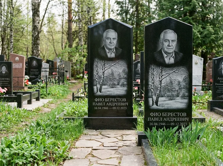 Памятник с гравировкой берёзы: массивная стела с двускатным навершием — зимняя берёза, снег на ветвях, дорожка из природного плитняка, работа «Берестов» в Ижевске