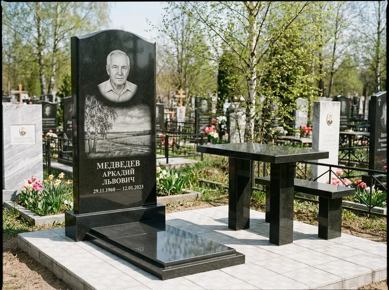Памятник с гравировкой берёзы: стела с гранитным столиком и скамьёй — берёза у поля, простор до горизонта, семейный участок с плиткой, работа «Медведев» в Ижевске