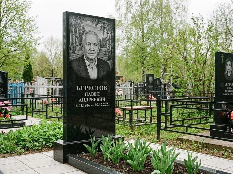 Памятник с гравировкой берёзы — гравировка берёзовой рощи в глубину, работа «Берестов» в Ижевске