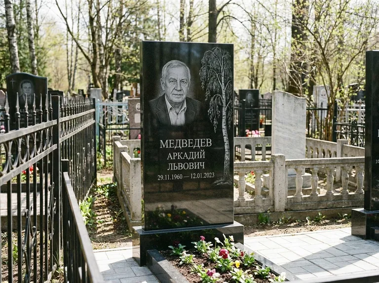 Памятник с гравировкой берёзы — гравировка плакучей берёзы с тонкими ветвями, работа «Медведев» в Ижевске