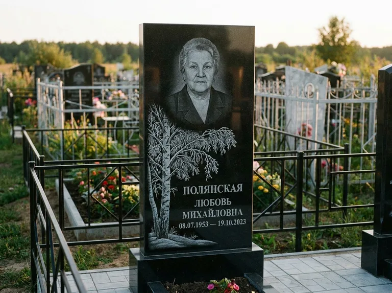 Памятник с гравировкой берёзы — гравировка зимней берёзы в инее, работа «Полянская» в Ижевске