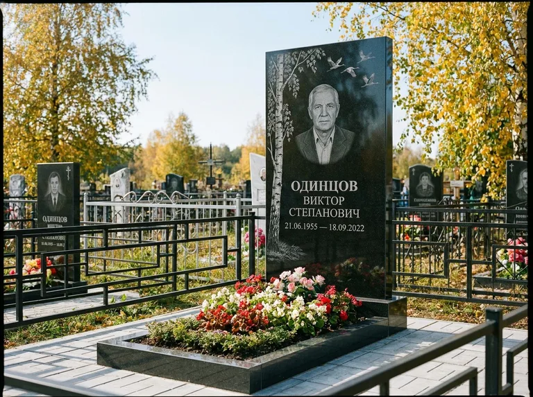 Памятник с гравировкой берёзы — гравировка берёзы с журавлиным клином в небе, работа «Одинцов» в Ижевске
