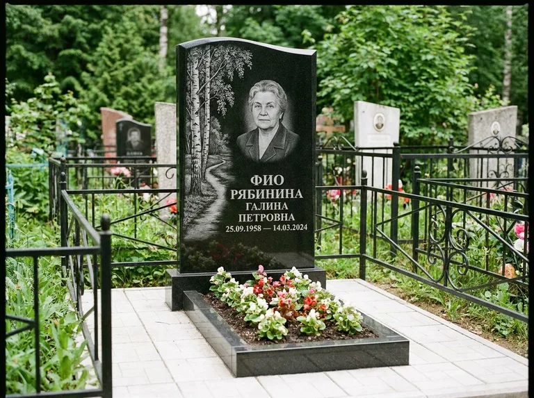 Памятник с гравировкой берёзы — гравировка берёзы у тропинки, уходящей вдаль, работа «Рябинина» в Ижевске