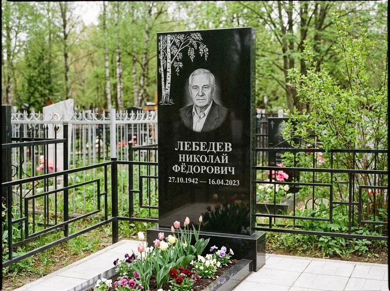 Памятник с гравировкой берёзы — гравировка одинокой берёзы над именем, работа «Лебедев» в Ижевске