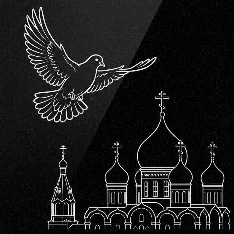 Эскиз гравировки голубей на памятник — голубь в небе над храмом в Ижевске