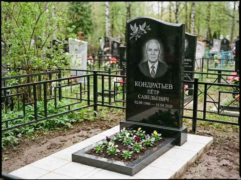 Памятник с гравировкой голубей — гравировка пары голубей на ветке в верхнем углу стелы, работа «Кондратьев» в Ижевске
