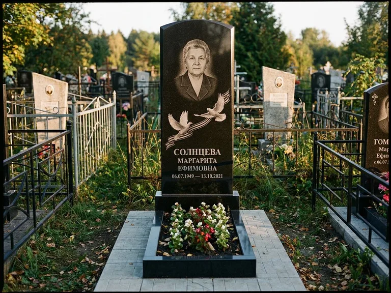 Памятник с гравировкой голубей — гравировка двух летящих голубей с лентой по диагонали стелы, работа «Солнцева» в Ижевске