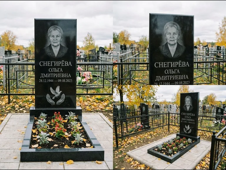 Памятник с гравировкой голубей — гравировка голубя над раскрытыми ладонями внизу стелы, работа «Снегирёва» в Ижевске