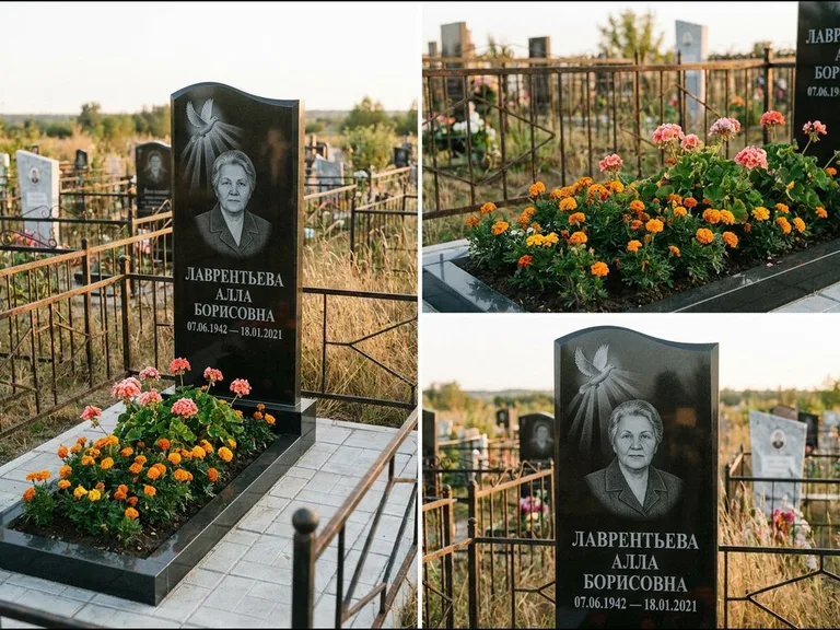 Памятник с гравировкой голубей — гравировка голубя в лучах света над портретом, работа «Лаврентьева» в Ижевске