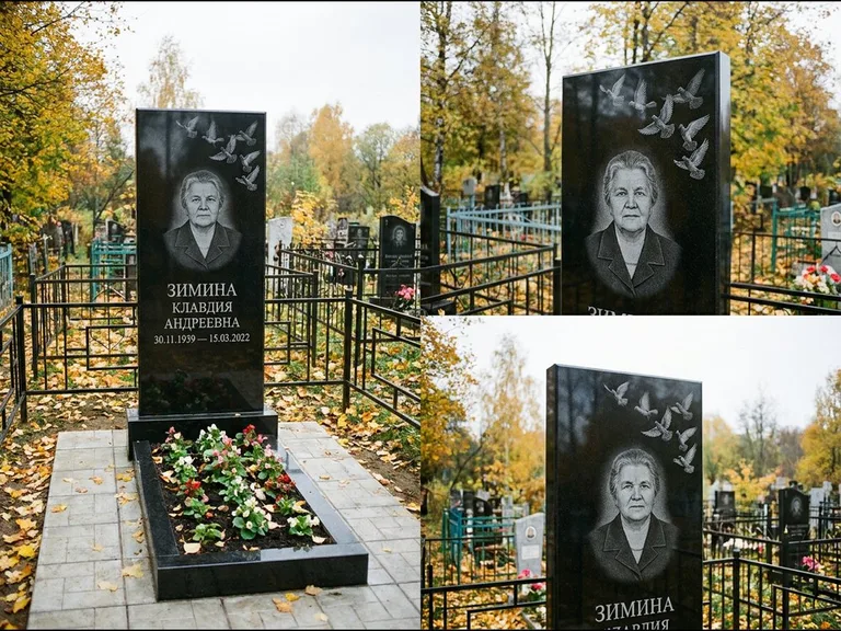 Памятник с гравировкой голубей — гравировка стаи голубей, взлетающей от угла стелы, работа «Зимина» в Ижевске