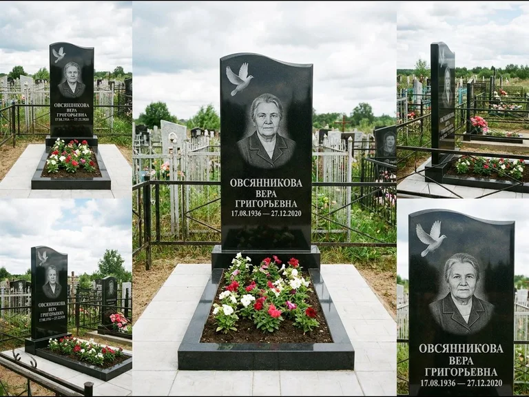 Памятник с гравировкой голубей — белая гравировка взлетающего голубя над портретом, работа «Овсянникова» в Ижевске