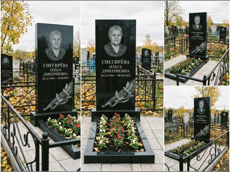 Памятник с гравировкой голубей — гравировка двух летящих голубей с лентой по диагонали стелы, работа «Снегирёва» в Ижевске