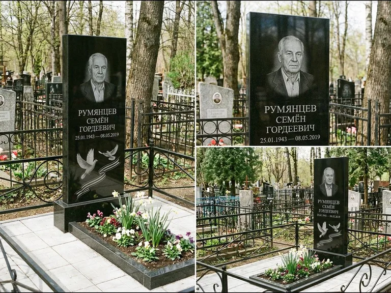 Памятник с гравировкой голубей — гравировка двух летящих голубей с лентой по диагонали стелы, работа «Румянцев» в Ижевске