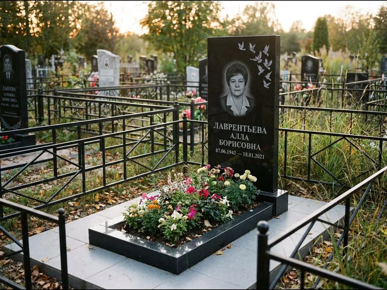 Памятник с гравировкой голубей — гравировка стаи голубей, взлетающей от угла стелы, работа «Лаврентьева» в Ижевске
