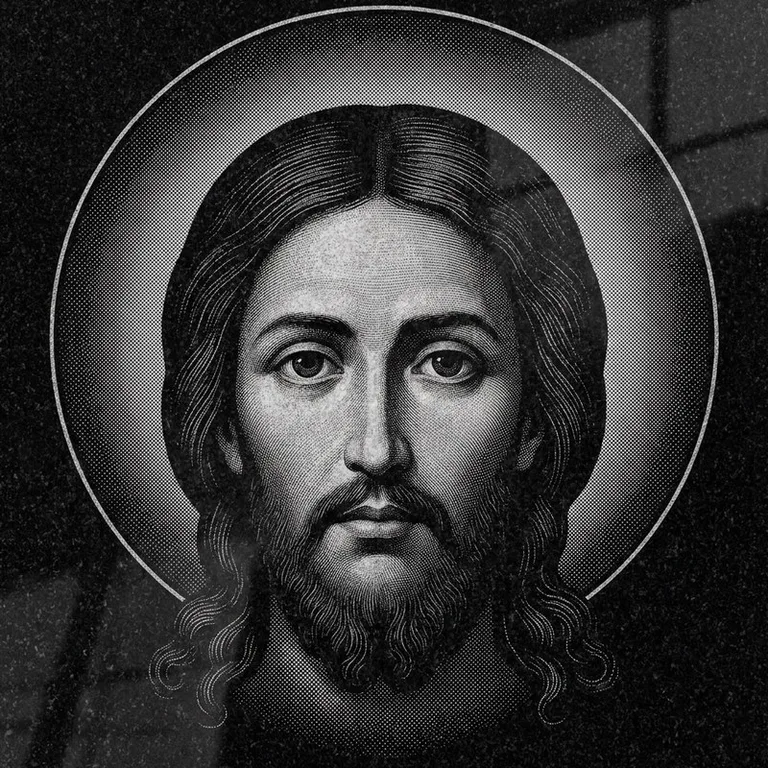 Эскиз иконы: Спас Нерукотворный (полутон) — детальный лик на убрусе, гравировка на памятник в Ижевске
