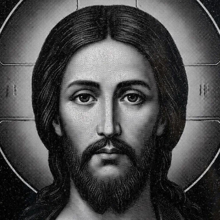 Эскиз иконы: Спас Вседержитель (полутон) — объёмный лик, светотень, гравировка на памятник в Ижевске