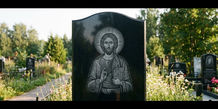 Иконы для гравировки на памятник в Ижевске — образ на стеле из чёрного гранита с ручной доводкой лика