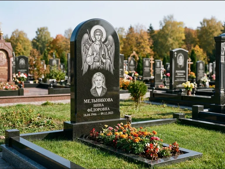 Памятник с гравировкой иконы — икона над портретом усопшего, работа «Журавлёв» в Ижевске