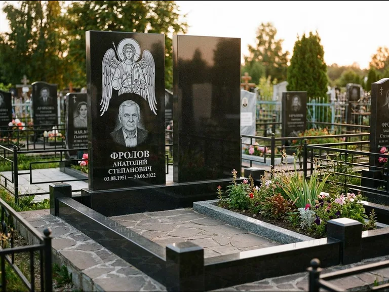 Памятник с гравировкой иконы: стела с резной рамкой вокруг иконы — Архангел Михаил на стеле, белая мраморная крошка с бордюром, работа «Богданова» в Ижевске