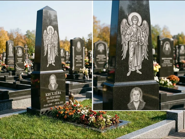 Памятник с гравировкой иконы: асимметричная скошенная стела — гравировка образа Спасителя, живая изгородь из кустарника, работа «Третьяков» в Ижевске