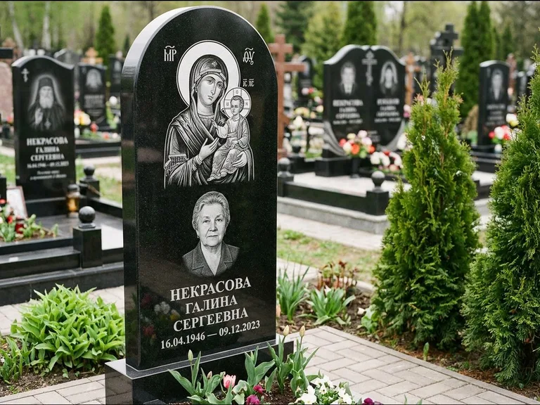 Памятник с гравировкой иконы: фигурная стела с киот-нишей под икону — икона в резной рамке-киоте, светлая гравийная отсыпка, работа «Журавлёв» в Ижевске