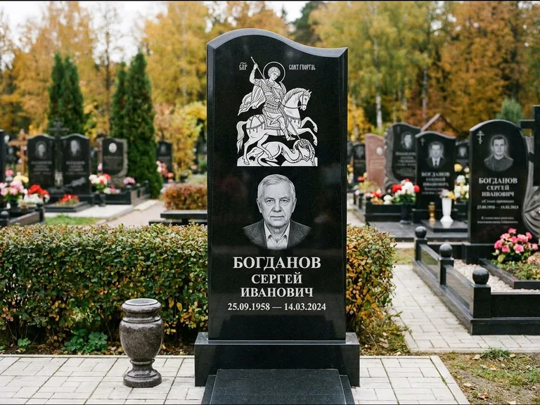 Памятник с гравировкой иконы: монументальный семейный мемориал из двух стел на общем цоколе — гравировка Николая Чудотворца, мощёная гранитная площадка без ограды, работа «Раевская» в Ижевске