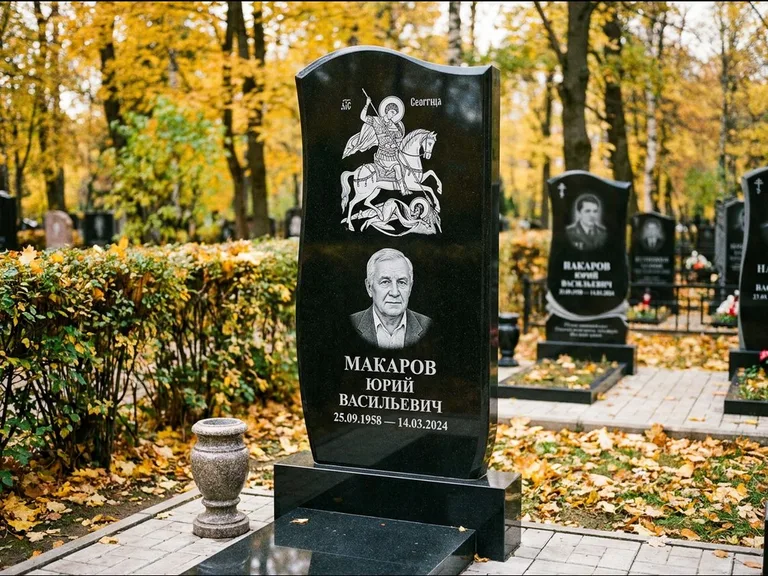 Памятник с гравировкой иконы — икона над портретом усопшего, работа «Раевская» в Ижевске