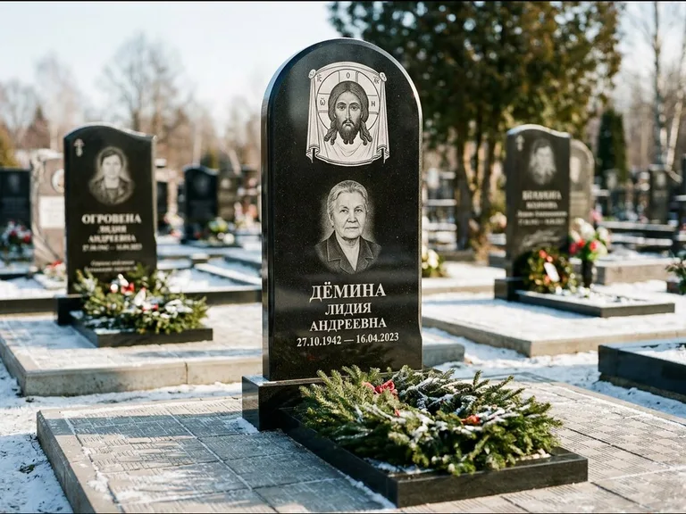 Памятник с гравировкой иконы — икона Спаса Вседержителя над именем усопшего, работа «Ковалёв» в Ижевске