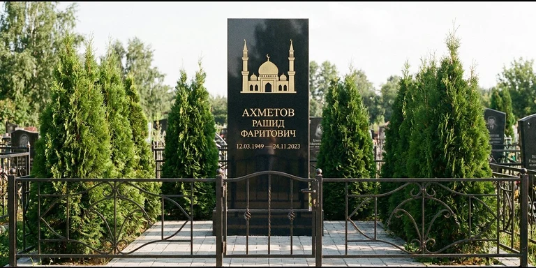 Гравировка мечети на памятник в Ижевске — стела из чёрного гранита, оформление по канонам ислама