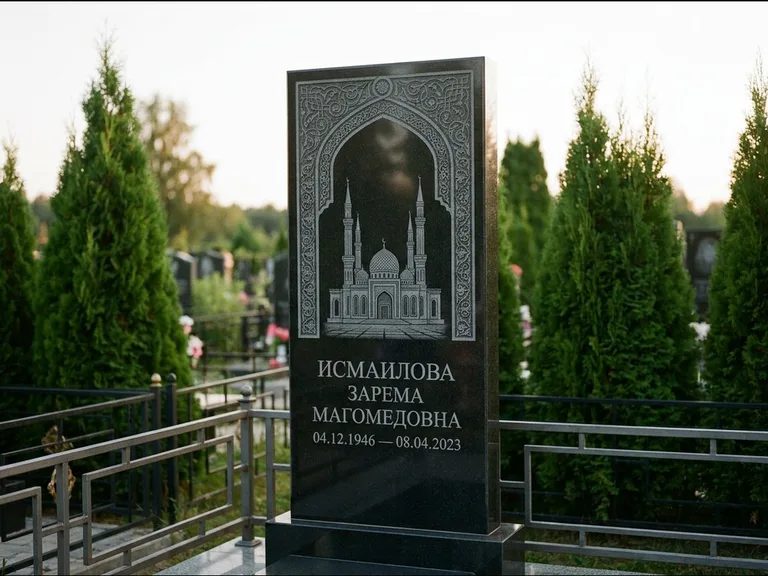 Мусульманский памятник с гравировкой мечети — мечеть в восточной арке с орнаментом, работа «Исмаилова» в Ижевске