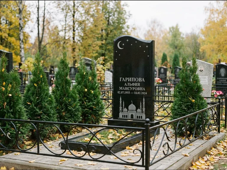 Мусульманский памятник с гравировкой мечети — мечеть с луной в ночном небе, работа «Гарипова» в Ижевске