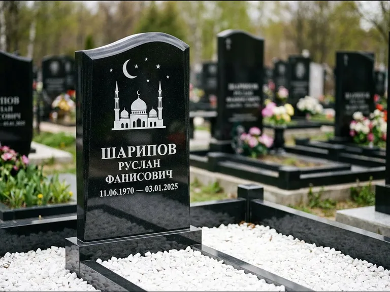 Мусульманский памятник с гравировкой мечети: стела с волнообразным скошенным верхом — гравировка мечети под полумесяцем и звёздами, белая мраморная крошка с бордюром, работа «Шарипов» в Ижевске