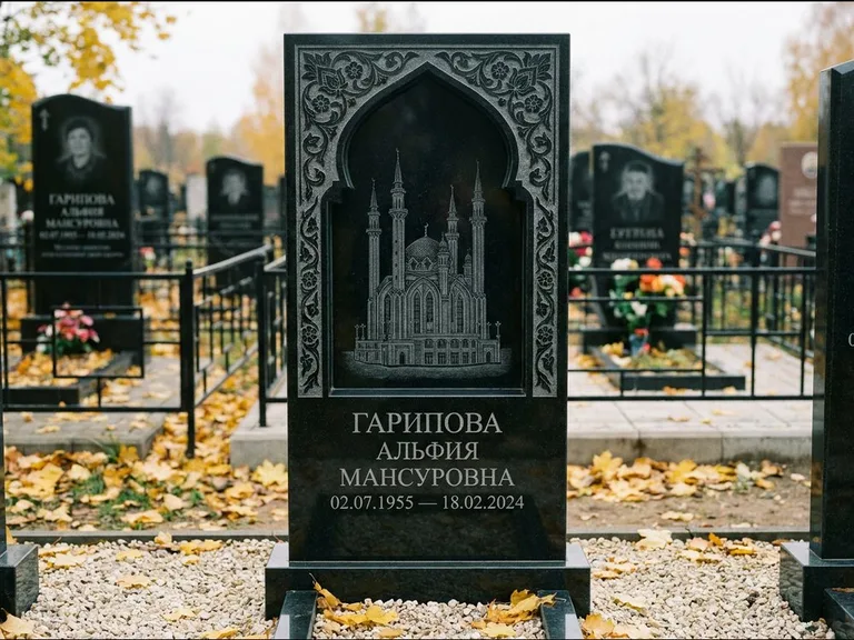 Мусульманский памятник с гравировкой мечети: фигурная стела с михраб-нишей — гравировка мечети в михраб-арке с орнаментом, светлая гравийная отсыпка, работа «Гарипова» в Ижевске