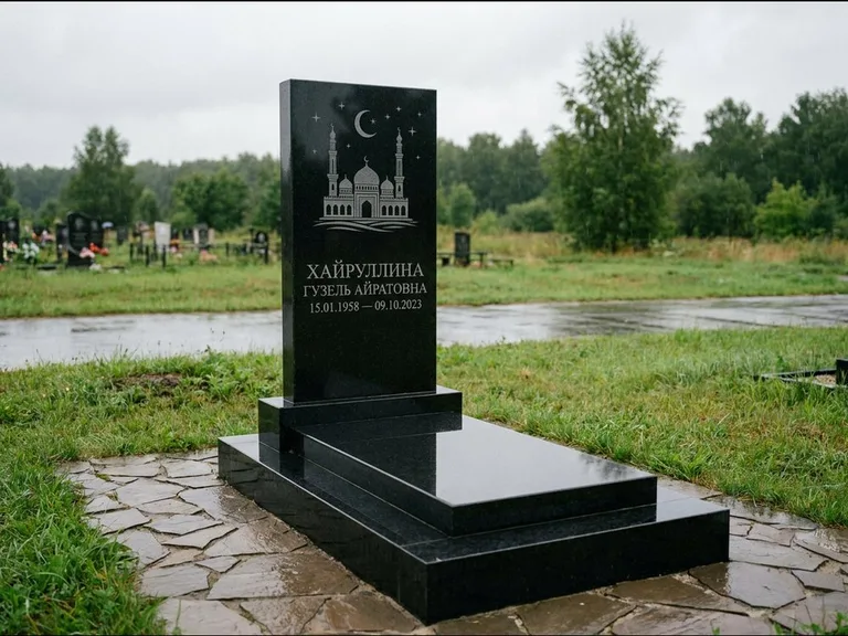 Мусульманский памятник с гравировкой мечети: ступенчатая двухуровневая стела — гравировка мечети под полумесяцем и звёздами, каменная дорожка из плитняка, работа «Хайруллина» в Ижевске