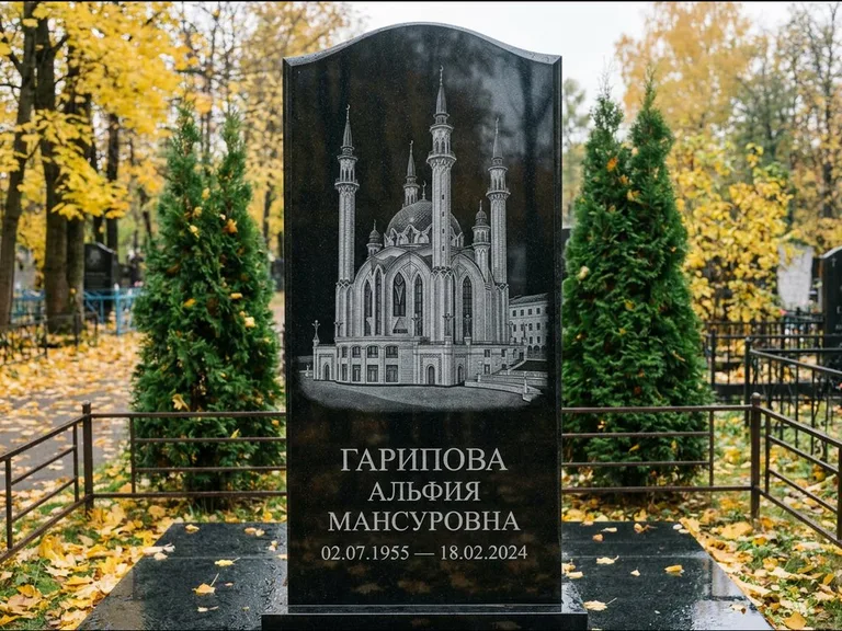 Мусульманский памятник с гравировкой мечети — мечеть Кул-Шариф на обороте стелы, работа «Гарипова» в Ижевске