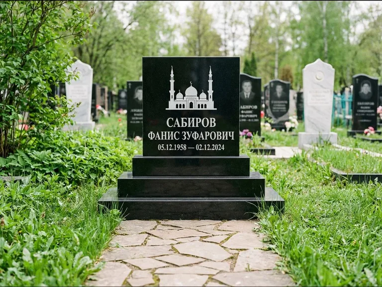 Мусульманский памятник с гравировкой мечети: ступенчатая трёхуровневая стела — золочёная гравировка мечети, дорожка из природного плитняка, работа «Юсупов» в Ижевске