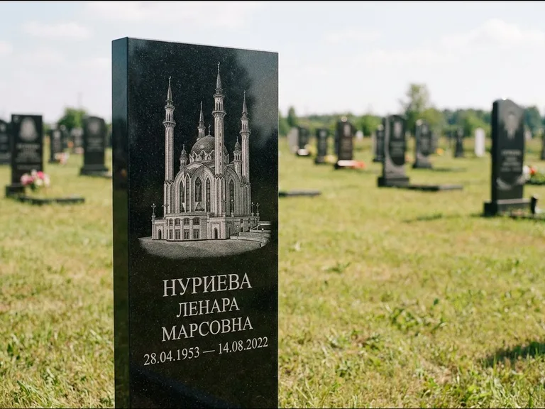 Мусульманский памятник с гравировкой мечети: узкая вертикальная стела-пилон — гравировка мечети в михраб-арке с орнаментом, открытая лужайка без ограды, работа «Хайруллина» в Ижевске