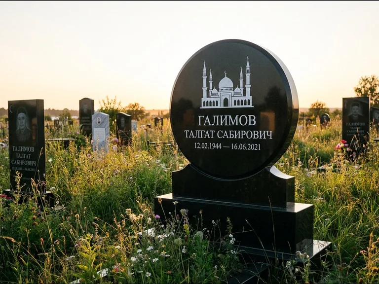 Мусульманский памятник с гравировкой мечети: округлая стела-медальон на тумбе — гравировка мечети в михраб-арке с орнаментом, луговые травы и полевые цветы, работа «Каримов» в Ижевске