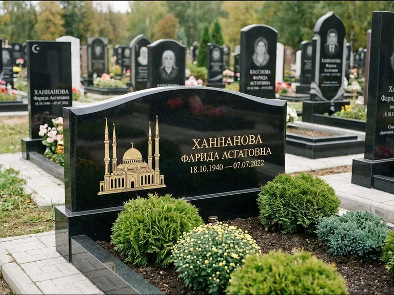 Мусульманский памятник с гравировкой мечети: вытянутая горизонтальная семейная стела с аркой — белая гравировка силуэта мечети с минаретами, участок с декоративными кустами, работа «Гарипова» в Ижевске