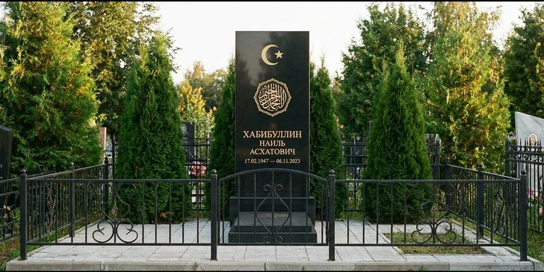 Гравировка на мусульманском памятнике в Ижевске — стела из чёрного гранита, оформление по канонам ислама