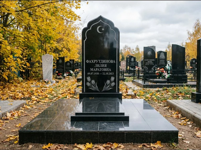 Мусульманский памятник: стела с михраб-навершием в форме арки — гравировка минарета с полумесяцем, гранитный цоколь с тёмной плиткой, работа «Фахрутдинова» в Ижевске