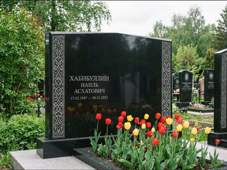 Мусульманский памятник: широкая двойная семейная стела — золочёная гравировка мечети, цветник с тюльпанами, работа «Хабибуллин» в Ижевске