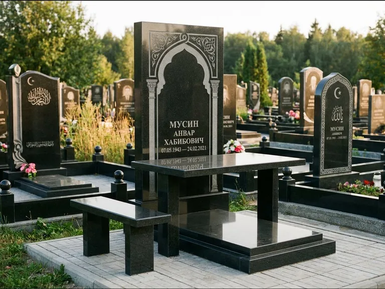 Мусульманский памятник: стела с гранитным столиком и скамьёй — гравировка мечети под полумесяцем и звёздами, семейный участок с плиткой, работа «Гимаев» в Ижевске
