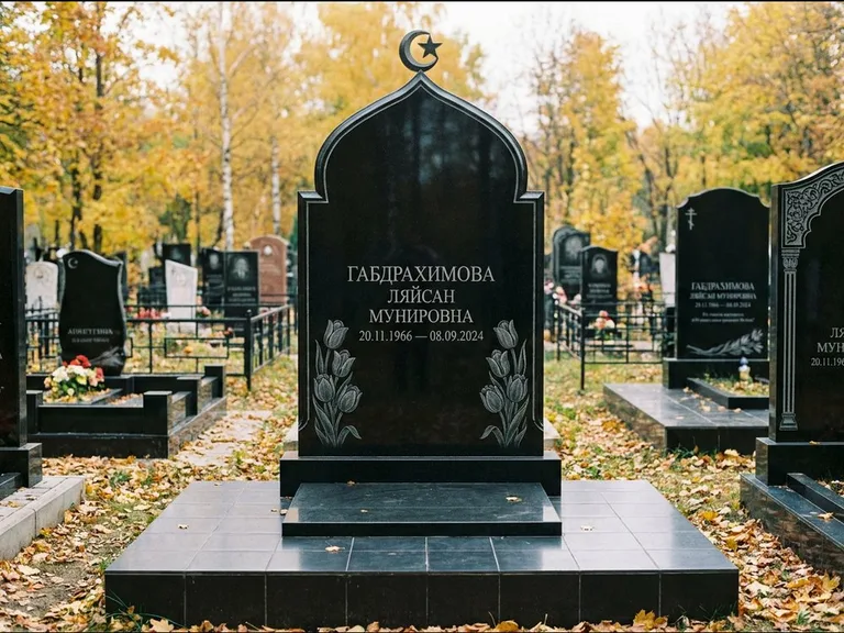 Мусульманский памятник: массивная стела с михраб-навершием — белая гравировка силуэта мечети с минаретами, цоколь тёмной плиткой, работа «Магомедова» в Ижевске